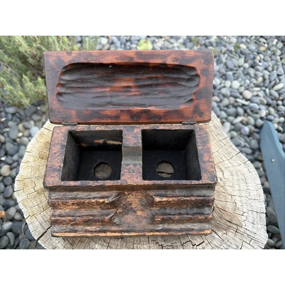Antique‎ Folk Art Hand Carved Figural Inkwell Stand Late 1800s Wooden